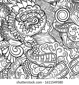 Tracery seamless pattern. Mehndi design. Ethnic monochrome binary doodle texture. Curved doodling black and white background. Vector