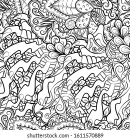 Tracery seamless pattern. Mehndi design. Ethnic monochrome binary doodle texture. Curved doodling black and white background. Vector