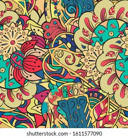 Tracery seamless pattern. Mehndi design. Ethnic colorful doodle texture. Curved doodling background. Vector