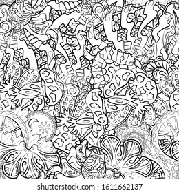 Tracery seamless pattern. Mehndi design. Ethnic monochrome binary doodle texture. Curved doodling black and white background. Vector