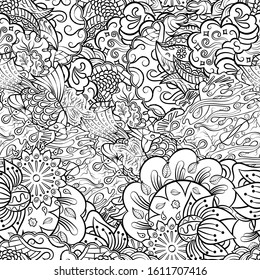 Tracery seamless pattern. Mehndi design. Ethnic monochrome binary doodle texture. Curved doodling black and white background. Vector