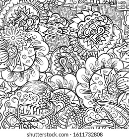 Tracery seamless pattern. Mehndi design. Ethnic monochrome binary doodle texture. Curved doodling black and white background. Vector