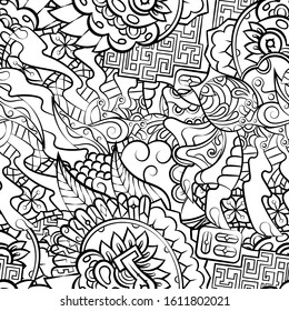 Tracery seamless pattern. Mehndi design. Ethnic monochrome binary doodle texture. Curved doodling black and white background. Vector