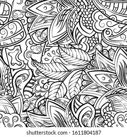 Tracery seamless pattern. Mehndi design. Ethnic monochrome binary doodle texture. Curved doodling black and white background. Vector