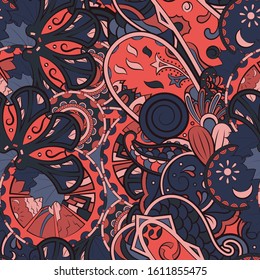 Tracery seamless pattern. Mehndi design. Ethnic colorful doodle texture. Curved doodling background. Vector