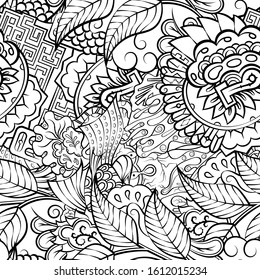 Tracery seamless pattern. Mehndi design. Ethnic monochrome binary doodle texture. Curved doodling black and white background. Vector