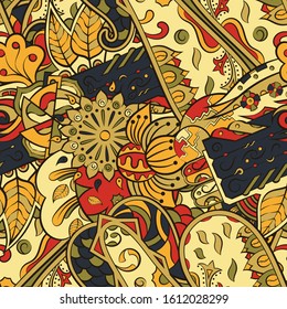 Tracery seamless pattern. Mehndi design. Ethnic colorful doodle texture. Curved doodling background. Vector