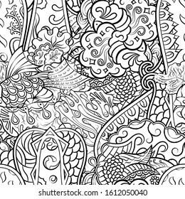 Tracery seamless pattern. Mehndi design. Ethnic monochrome binary doodle texture. Curved doodling black and white background. Vector