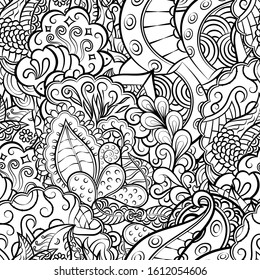 Tracery seamless pattern. Mehndi design. Ethnic monochrome binary doodle texture. Curved doodling black and white background. Vector