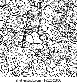 Tracery seamless pattern. Mehndi design. Ethnic monochrome binary doodle texture. Curved doodling black and white background. Vector