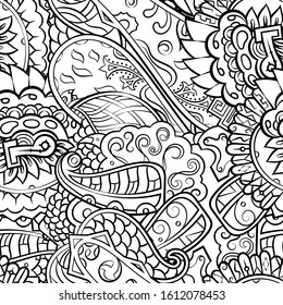 Tracery seamless pattern. Mehndi design. Ethnic monochrome binary doodle texture. Curved doodling black and white background. Vector
