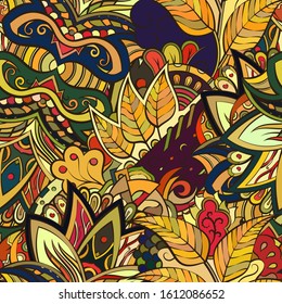 Tracery seamless pattern. Mehndi design. Ethnic colorful doodle texture. Curved doodling background. Vector