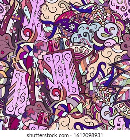 Tracery seamless pattern. Mehndi design. Ethnic colorful doodle texture. Curved doodling background. Vector