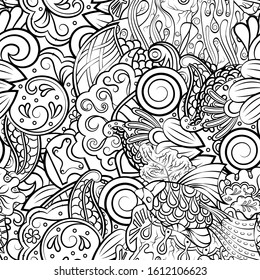 Tracery seamless pattern. Mehndi design. Ethnic monochrome binary doodle texture. Curved doodling black and white background. Vector