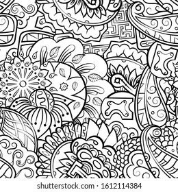 Tracery seamless pattern. Mehndi design. Ethnic monochrome binary doodle texture. Curved doodling black and white background. Vector