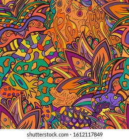 Tracery seamless pattern. Mehndi design. Ethnic colorful doodle texture. Curved doodling background. Vector