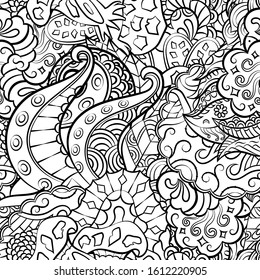 Tracery seamless pattern. Mehndi design. Ethnic monochrome binary doodle texture. Curved doodling black and white background. Vector