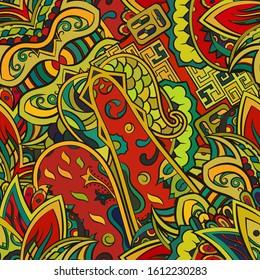 Tracery seamless pattern. Mehndi design. Ethnic colorful doodle texture. Curved doodling background. Vector