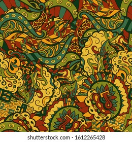 Tracery seamless pattern. Mehndi design. Ethnic colorful doodle texture. Curved doodling background. Vector