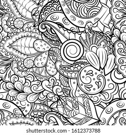 Tracery seamless pattern. Mehndi design. Ethnic monochrome binary doodle texture. Curved doodling black and white background. Vector