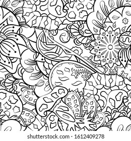 Tracery seamless pattern. Mehndi design. Ethnic monochrome binary doodle texture. Curved doodling black and white background. Vector