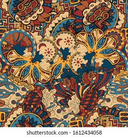 Tracery seamless pattern. Mehndi design. Ethnic colorful doodle texture. Curved doodling background. Vector