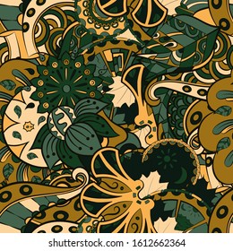 Tracery seamless pattern. Mehndi design. Ethnic colorful doodle texture. Curved doodling background. Vector