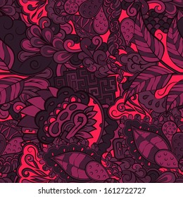 Tracery seamless pattern. Mehndi design. Ethnic colorful doodle texture. Curved doodling background. Vector