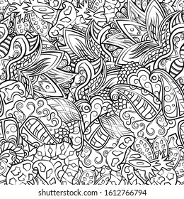 Tracery seamless pattern. Mehndi design. Ethnic monochrome binary doodle texture. Curved doodling black and white background. Vector
