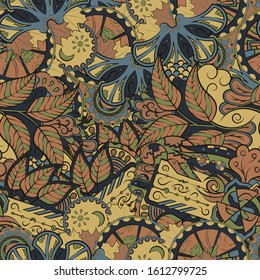 Tracery seamless pattern. Mehndi design. Ethnic colorful doodle texture. Curved doodling background. Vector