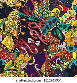 Tracery seamless pattern. Mehndi design. Ethnic colorful doodle texture. Curved doodling background. Vector