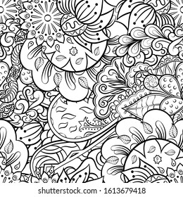 Tracery seamless pattern. Mehndi design. Ethnic monochrome binary doodle texture. Curved doodling black and white background. Vector