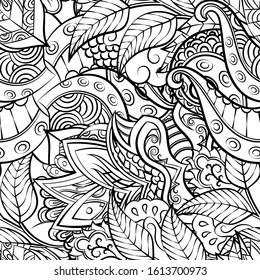 Tracery seamless pattern. Mehndi design. Ethnic monochrome binary doodle texture. Curved doodling black and white background. Vector