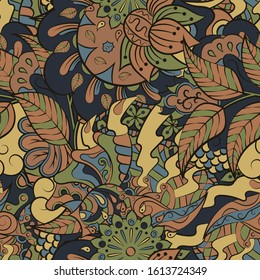 Tracery seamless pattern. Mehndi design. Ethnic colorful doodle texture. Curved doodling background. Vector