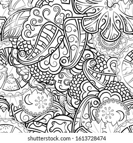 Tracery seamless pattern. Mehndi design. Ethnic monochrome binary doodle texture. Curved doodling black and white background. Vector