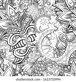 Tracery seamless pattern. Mehndi design. Ethnic monochrome binary doodle texture. Curved doodling black and white background. Vector