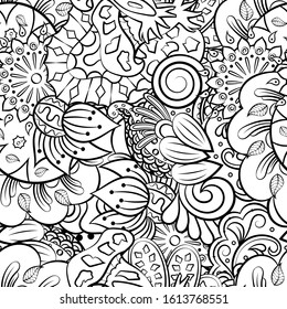 Tracery seamless pattern. Mehndi design. Ethnic monochrome binary doodle texture. Curved doodling black and white background. Vector