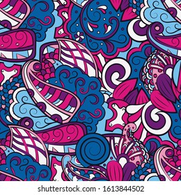 Tracery seamless pattern. Mehndi design. Ethnic colorful doodle texture. Curved doodling background. Vector