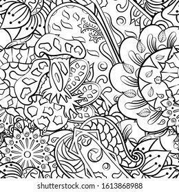 Tracery seamless pattern. Mehndi design. Ethnic monochrome binary doodle texture. Curved doodling black and white background. Vector