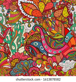 Tracery seamless pattern. Mehndi design. Ethnic colorful doodle texture. Curved doodling background. Vector