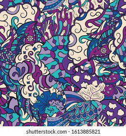 Tracery seamless pattern. Mehndi design. Ethnic colorful doodle texture. Curved doodling background. Vector