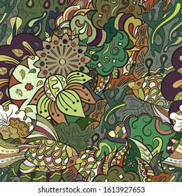 Tracery seamless pattern. Mehndi design. Ethnic colorful doodle texture. Curved doodling background. Vector