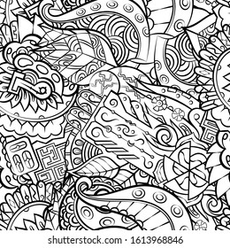 Tracery seamless pattern. Mehndi design. Ethnic monochrome binary doodle texture. Curved doodling black and white background. Vector