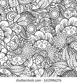 Tracery seamless pattern. Mehndi design. Ethnic monochrome binary doodle texture. Curved doodling black and white background. Vector