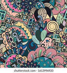 Tracery seamless pattern. Mehndi design. Ethnic colorful doodle texture. Curved doodling background. Vector