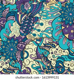 Tracery seamless pattern. Mehndi design. Ethnic colorful doodle texture. Curved doodling background. Vector
