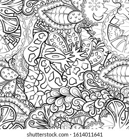 Tracery seamless pattern. Mehndi design. Ethnic monochrome binary doodle texture. Curved doodling black and white background. Vector