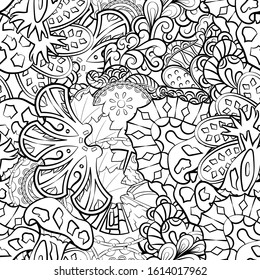 Tracery seamless pattern. Mehndi design. Ethnic monochrome binary doodle texture. Curved doodling black and white background. Vector