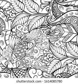 Tracery seamless pattern. Mehndi design. Ethnic monochrome binary doodle texture. Curved doodling black and white background. Vector