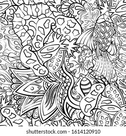 Tracery seamless pattern. Mehndi design. Ethnic monochrome binary doodle texture. Curved doodling black and white background. Vector